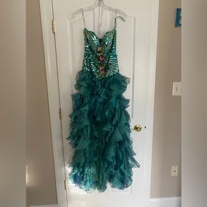 Sherri Hill Mermaid Green Blue apron Dress Size 4